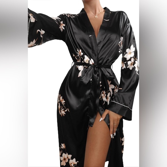 Floral Print Long Sleeve Satin Long Robe - Picture 1 of 8